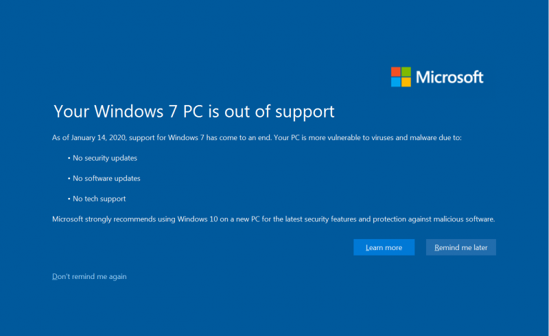 Windows 7 is out of support